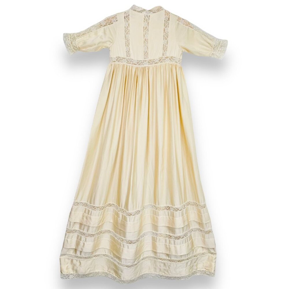 Antique Ivory Long Formal Silk Lace Layette Gown Mother of Pearl Buttons 0 - 6m